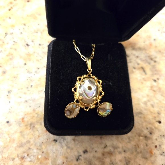 Vintage Abalone 14k Gold Necklace & Pierced Earrings - Picture 5 of 16